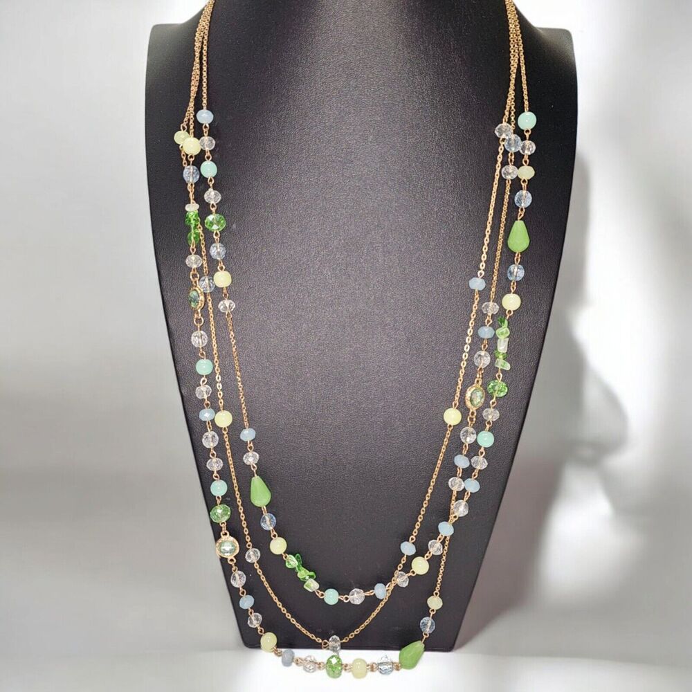 Long Necklace Green Faceted Rondelle Glass Bead Glow Open Bezel Gold Tone